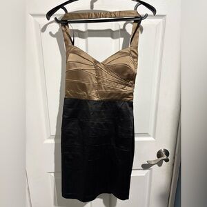 Bebe Strapless Black and Gold Halter Dress M #120 Cocktail Satin bodycon